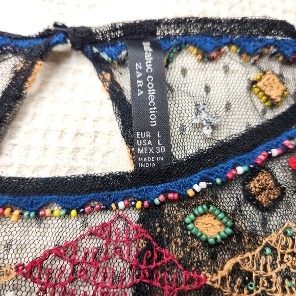 Zara Trafaluc Embroidered Tulle Sheer Beaded Boho Top Black Multicolor Size L - Picture 4 of 5